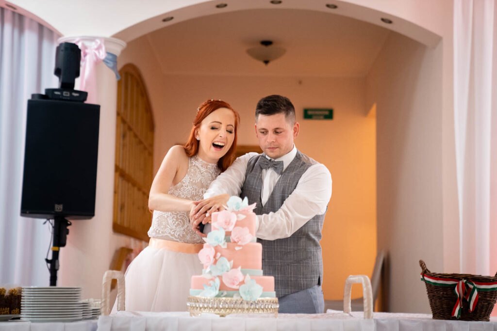 Kuchenanschnitt bei der Hochzeit, Braut, Bräutigam. Hochzeitstorte. Hochzeitsfotograf Wien