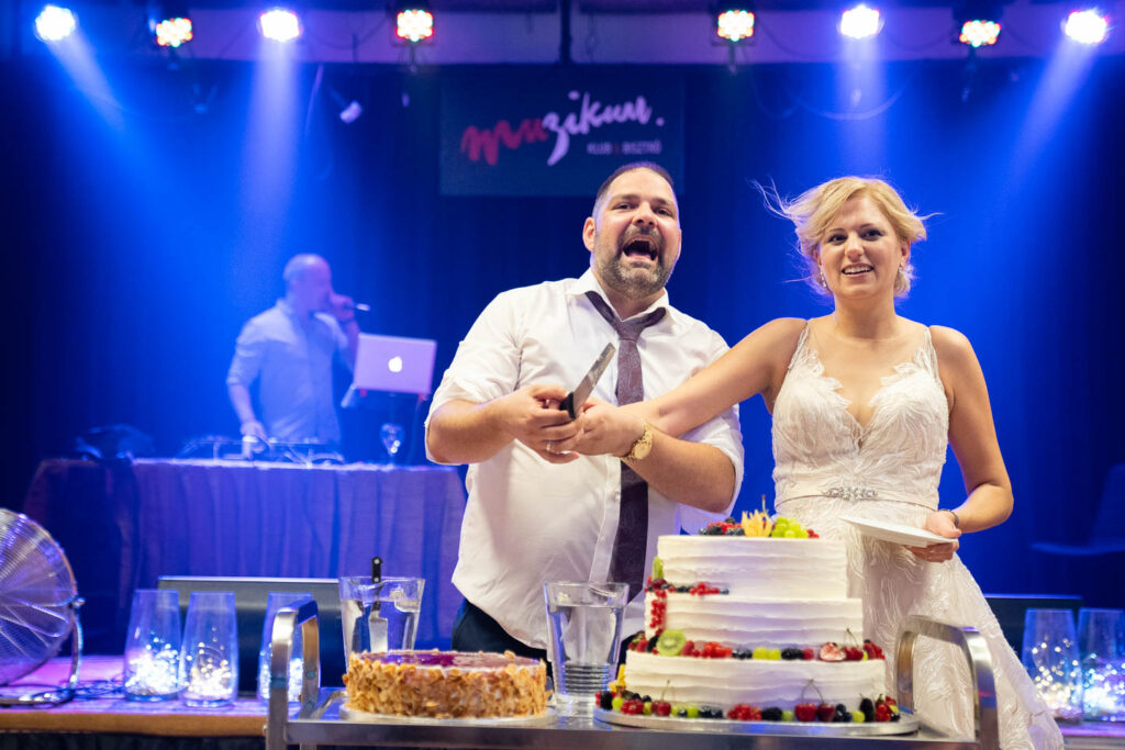 Das Hochzeitspaar schneidet die Torte an. Professioneller Hochzeitsfotograf Wien